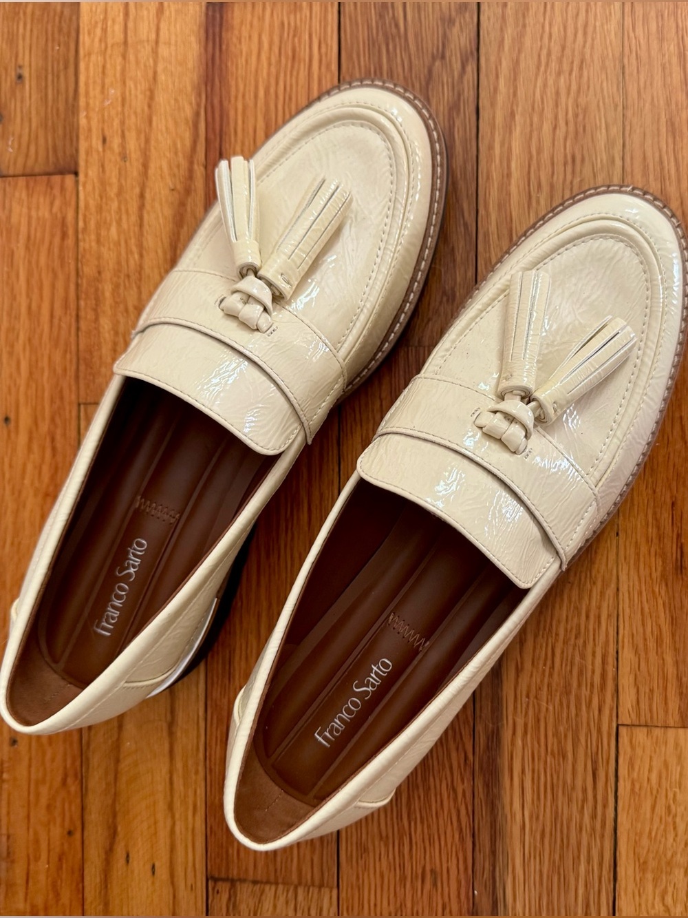 Franco Sarto Cream Patent Tassel Loafers